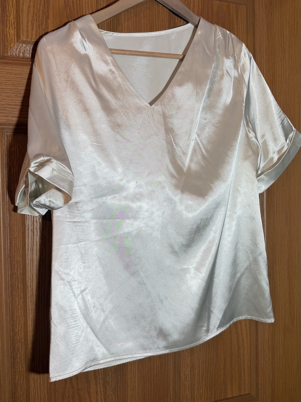 Satin V-Neck Short Sleeve Tunic Top - Cream